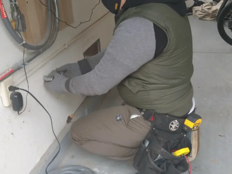 Electrician performing outlet wiring in a Hanson garage